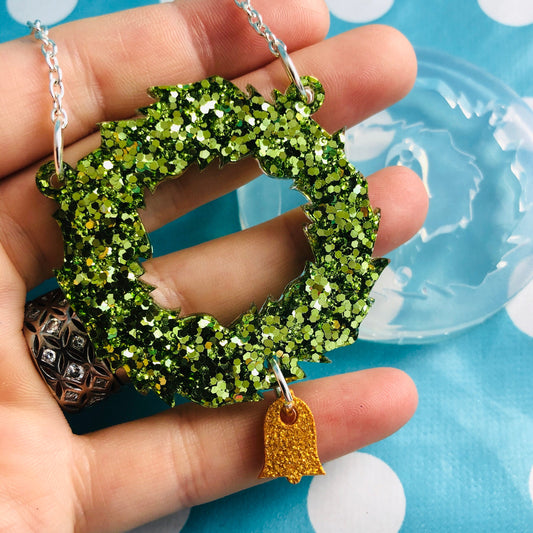45mm Silicone Christmas Wreath Necklace Mold with Bell - Resin Flexible Rubber Clear Necklace DIY Holiday PM54