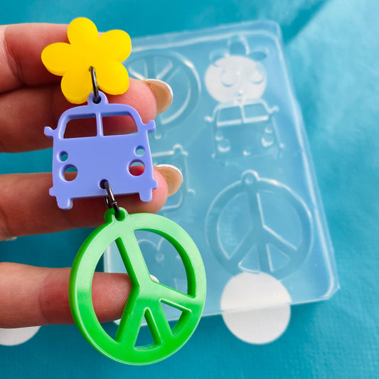 Clear Silicone Molds for Resin 75mm Camper Van Flower Peace Sign  Earrings EM285