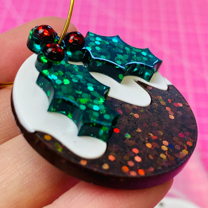 35mm Christmas Pudding Holly Earring Mold - Silicone Mold Craft Resin Earrings