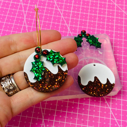 35mm Christmas Pudding Holly Earring Mold - Silicone Mold Craft Resin Earrings
