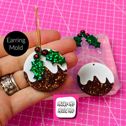 35mm Christmas Pudding Holly Earring Mold - Silicone Mold Craft Resin Earrings