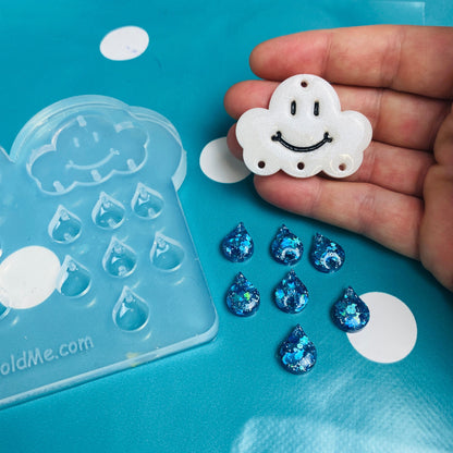 Clear silicone molds for resin Predomed XL Deluxe Rain Thunder Cloud Earrings Weather Raindrop