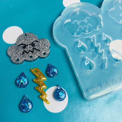 Clear silicone molds for resin Predomed XL Deluxe Rain Thunder Cloud Earrings Weather Raindrop